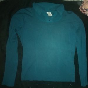 Collared stretch silk blend large teal blue shirt